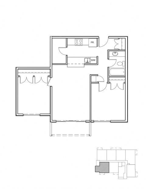 Floor plan for 2 beds, 1 bath, 780 sqft